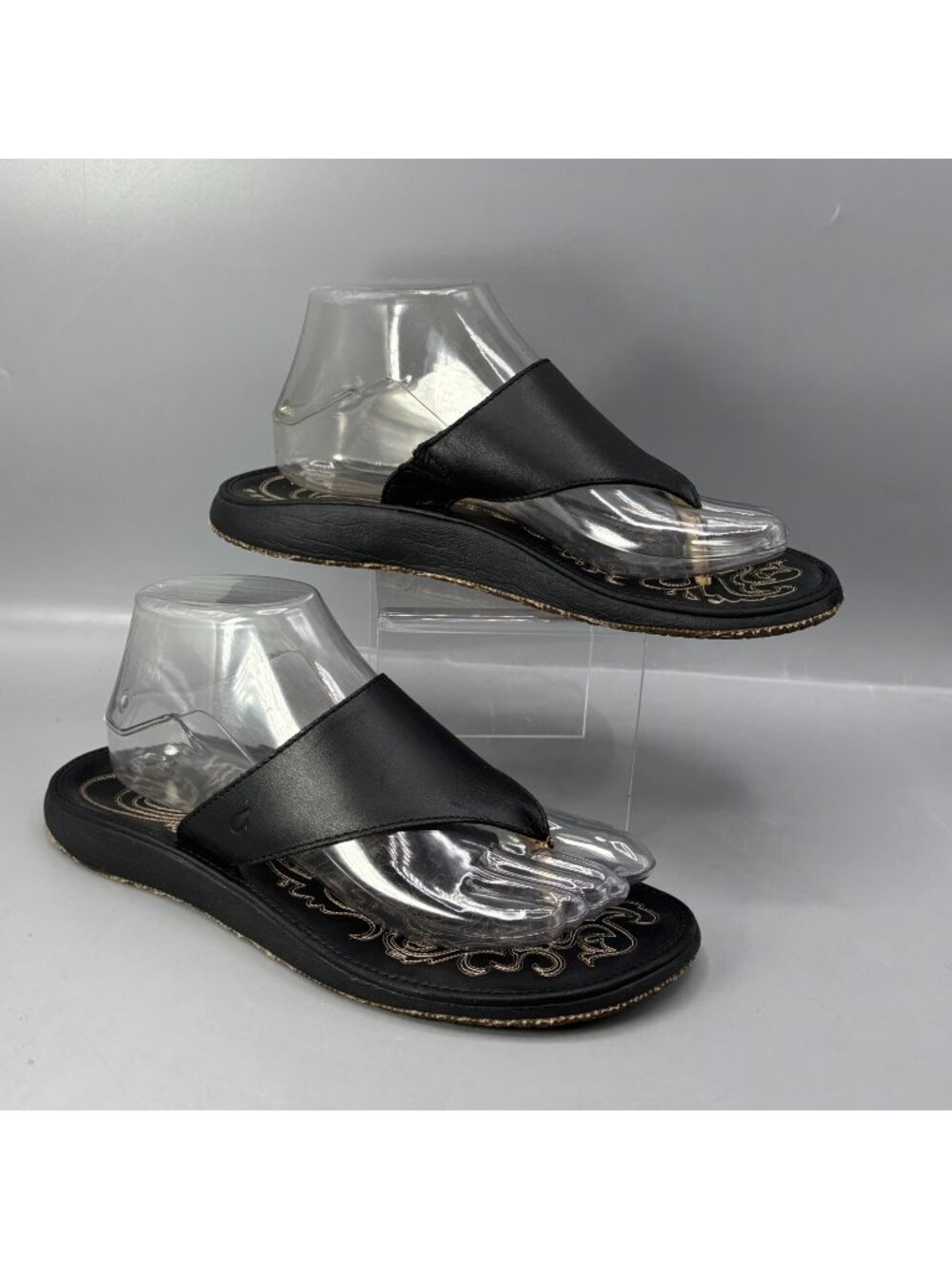 OluKai Paniolo Lipi Flip Flop Sandals Womens 8 Black Leather Slip On 204674040